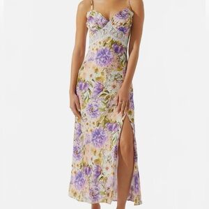 Astr Ivanna Lavendar Floral Slip Maxi Dress with Cream Lace Trim